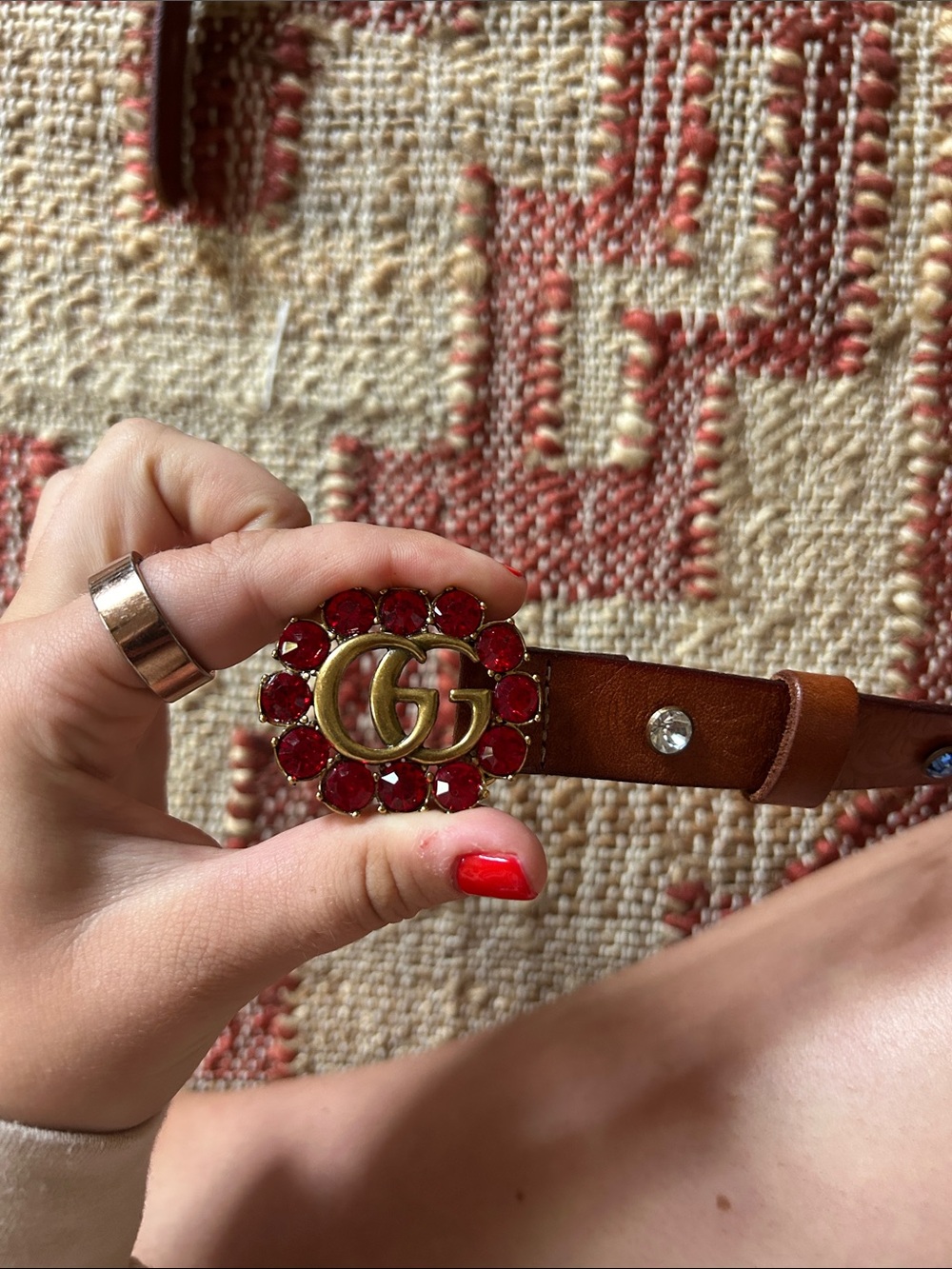 Brown authentic Leather Belt with Red Crystal double G Buckle 34 inch